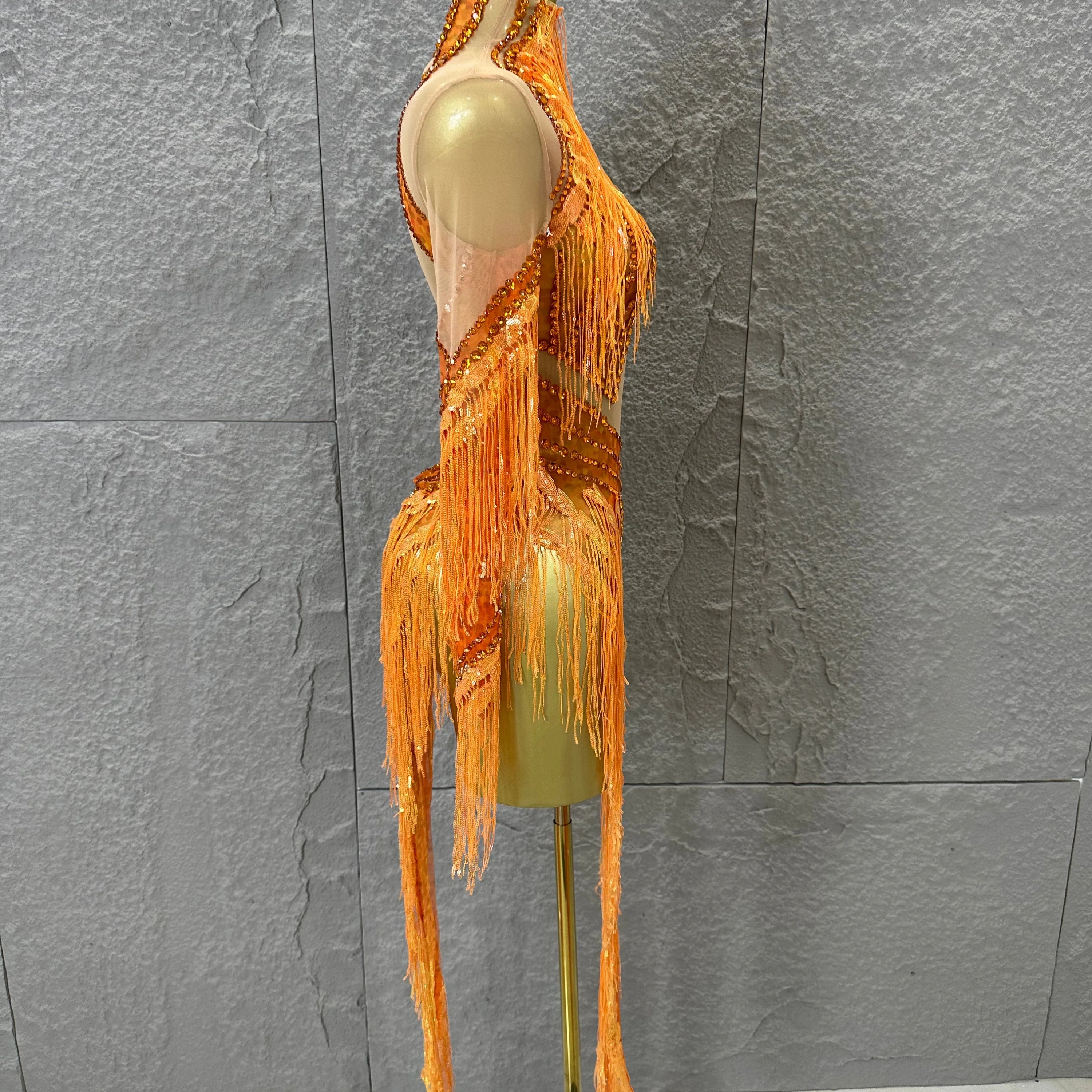 Sparkly Orange Rhinestone Fringe High Neck Dress Women Sheer Mesh Embellished Latin Dance Performance Costume