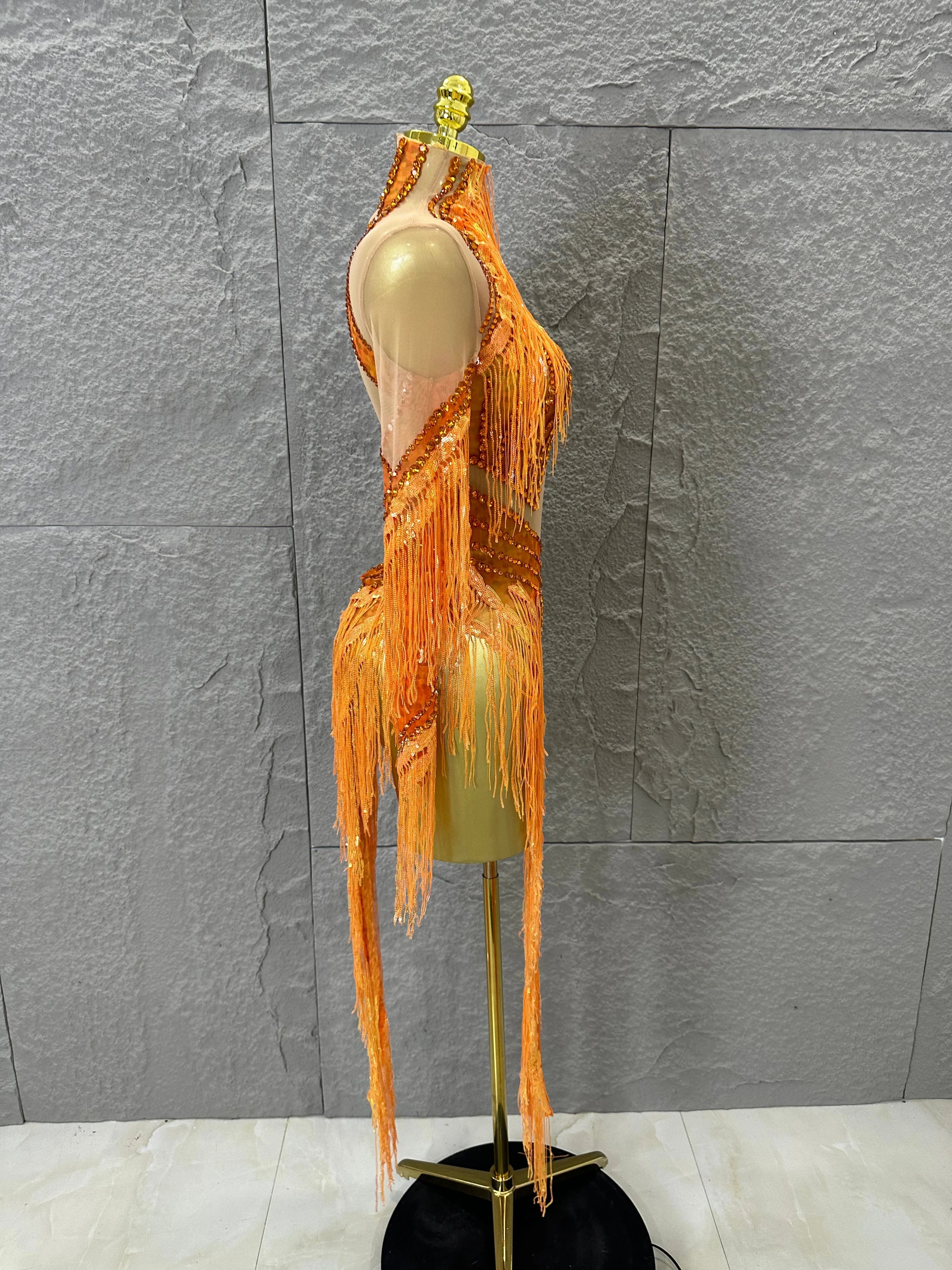 Sparkly Orange Rhinestone Fringe High Neck Dress Women Sheer Mesh Embellished Latin Dance Performance Costume