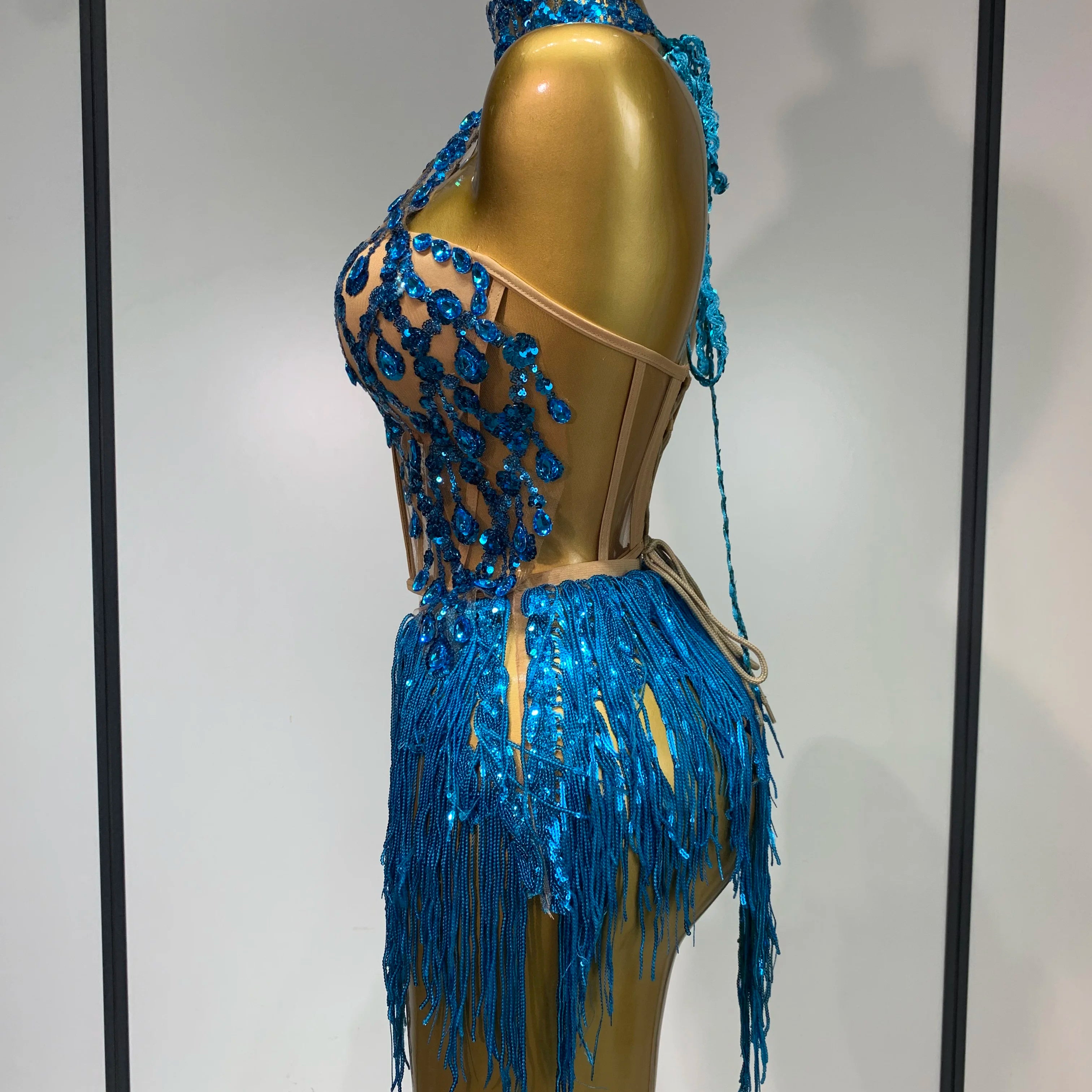 Women Sexy Shinning Rhinestone Tassels Two Pieces Set Nightclub Evening Party Birthday Bar Dancer Performance Stage Costume