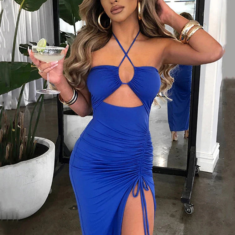Summer Sexy Halter Backless Sleeveless Cut Out Maxi Dress for Women Ruched Elegant Club Party Slit Dresses Bandage Vestido 2023 blue