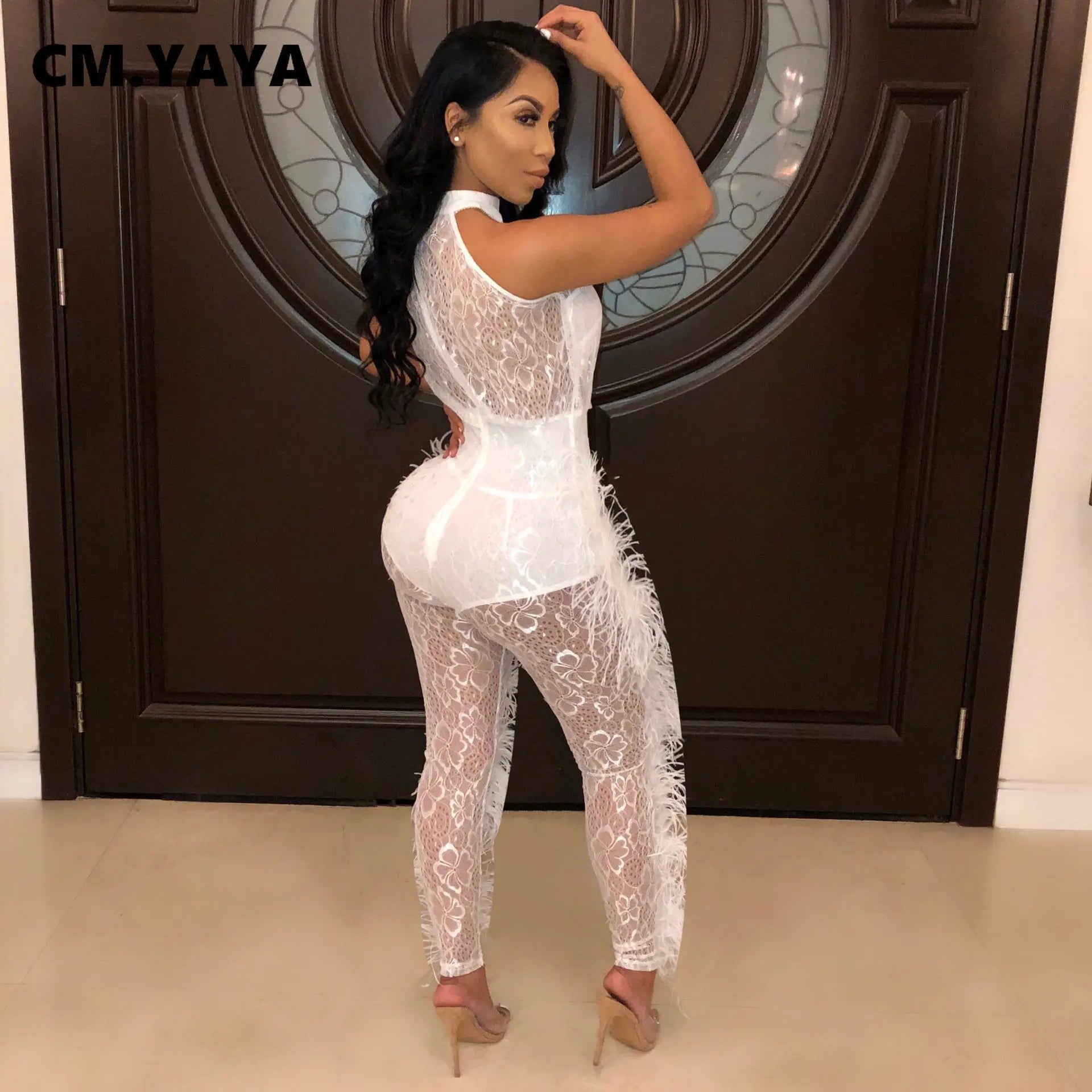 Fashion Women Sleeveless Lace See Though Fur Side Skinny Stretchy Jumpsuit Streetwear Sexy One Piece Suit INS Playsuits