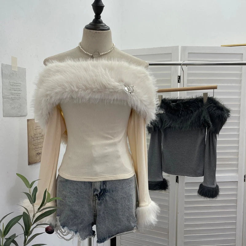 DEAT 2026 Spring New Fashion Off-Shoulder Furry Patchwork Long Sleeve Base Shirt For Women Slim Fit Decorative T-Shirt 11A07919 Apricot One Size