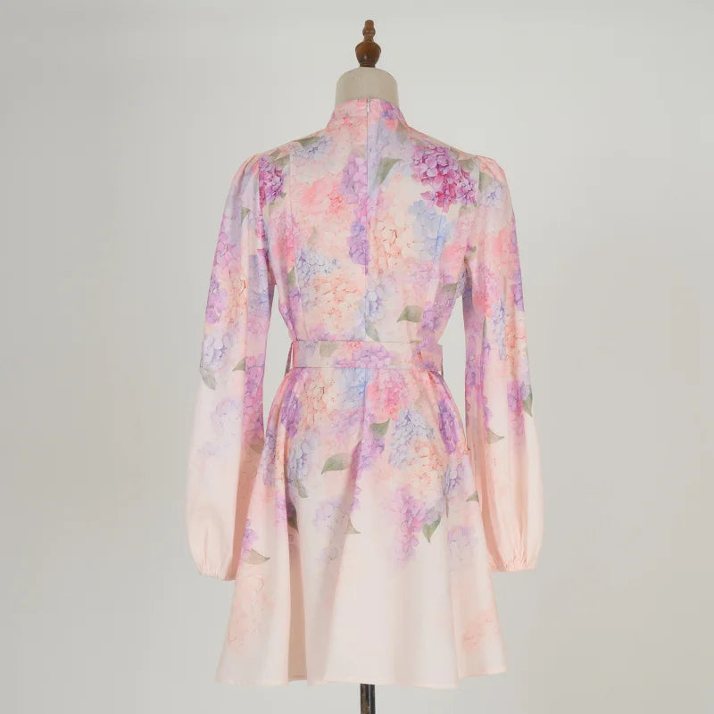 Real Shot In Stock European and American Vacation Style Long Sleeve Printed Short Dress Elegant Socialite Dress