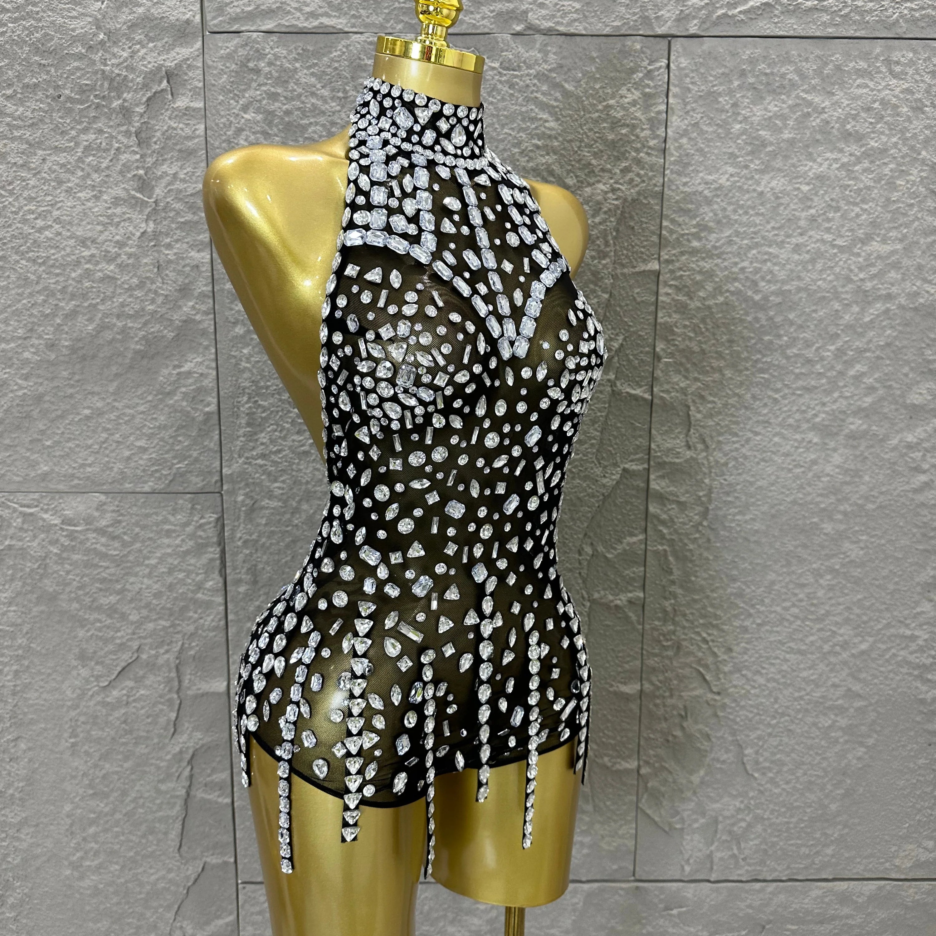 Pink Nude Sleeveless Bodysuit Women Sheer Mesh Crystal Rhinestone Embellished Formal Event Performance Costume