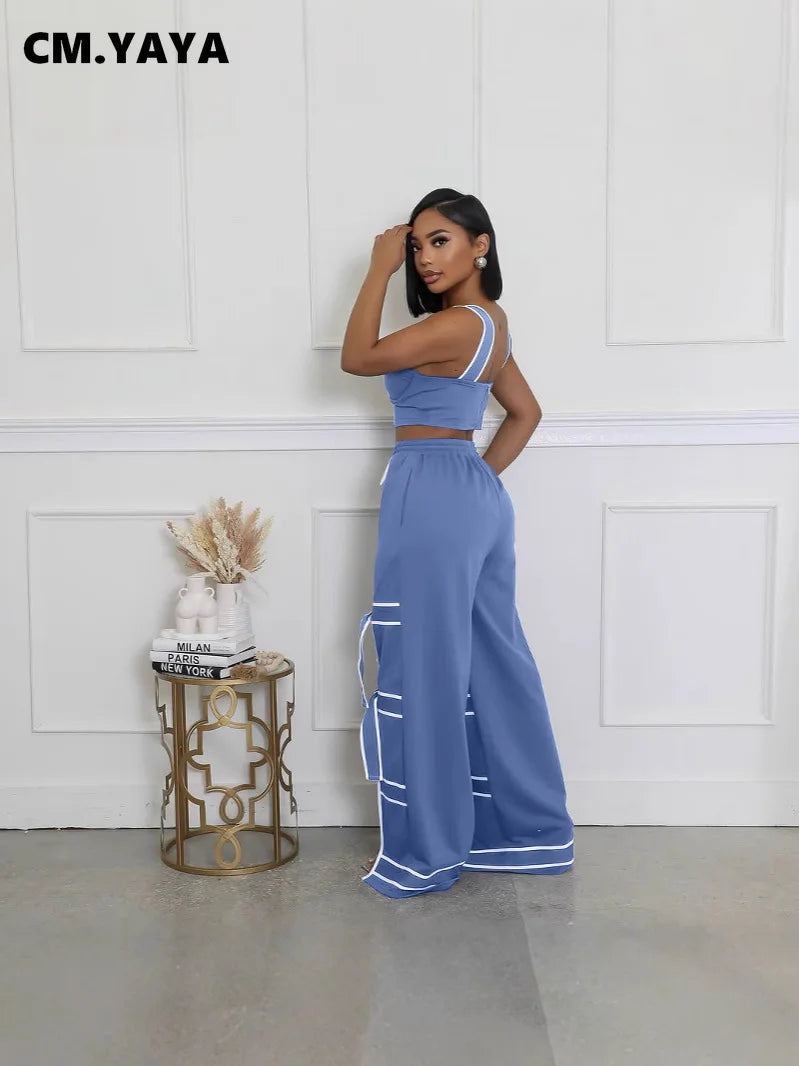 CM.YAYA Fashion Women Striped Patchwork Bowknot Split Wide Leg Jogger Pants 2025 Summer Active Sporty Classic Trousers