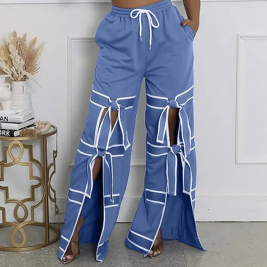 CM.YAYA Fashion Women Striped Patchwork Bowknot Split Wide Leg Jogger Pants 2025 Summer Active Sporty Classic Trousers blue