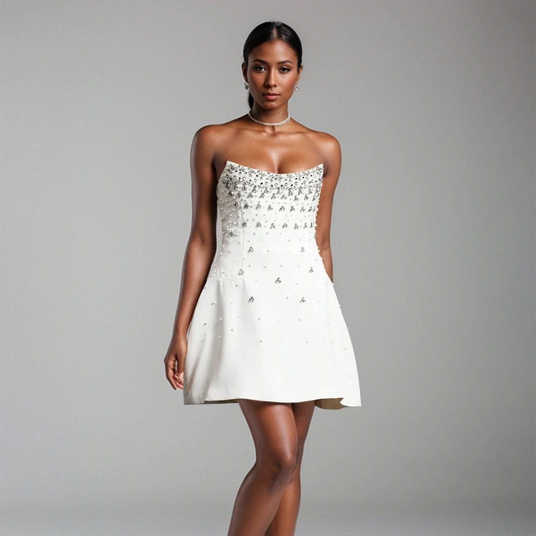 2025 Black White Color Women Sexy Strapless Shinning Rhinestones A-Line Mini Bandage Dress Birthday Party Celebrate Clothing