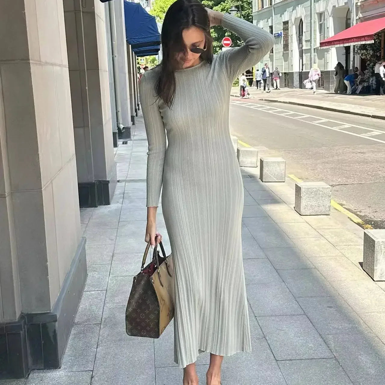 Women Spring Solid Maxi Long Sweater Dress Elegant Casual Fashion Pullover Bodycon Slim Streetwear Knitted Dress Autumn grey LYQ197
