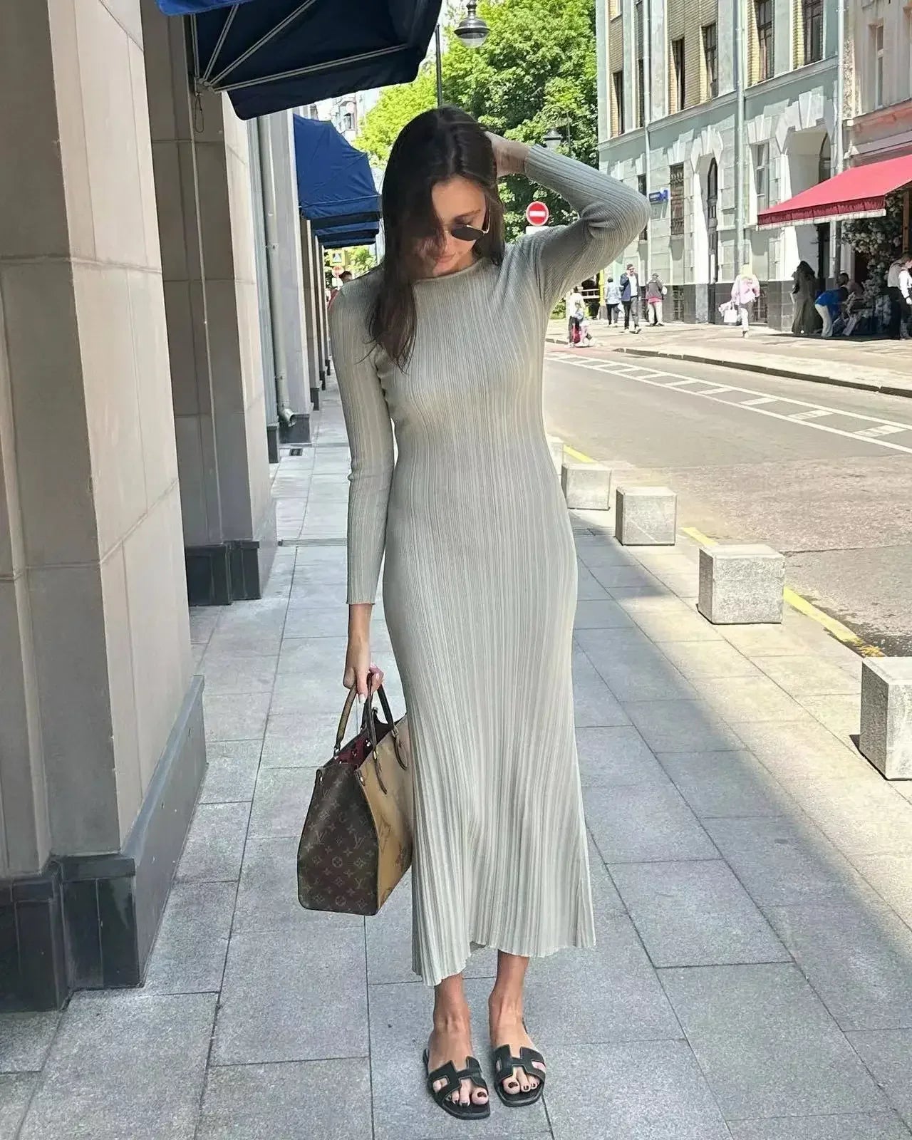 Women Spring Solid Maxi Long Sweater Dress Elegant Casual Fashion Pullover Bodycon Slim Streetwear Knitted Dress Autumn grey LYQ197