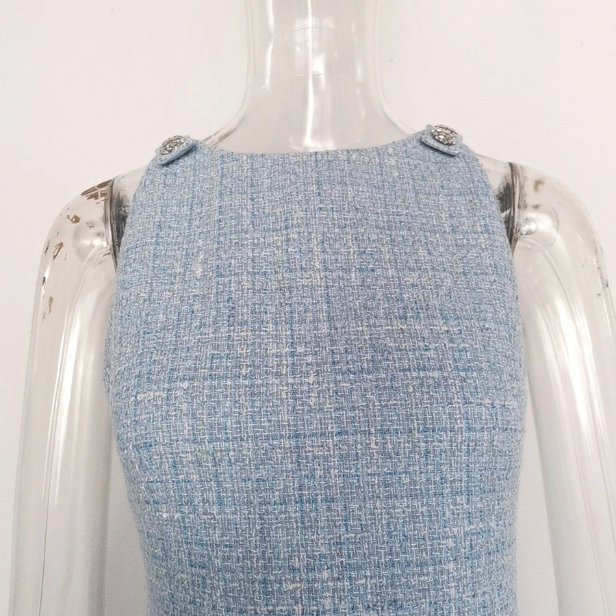 Solid Slimming Spliced Button Dresses for Women Round Neck Sleevless Temperament Mini Dress Female Fashion Clothing