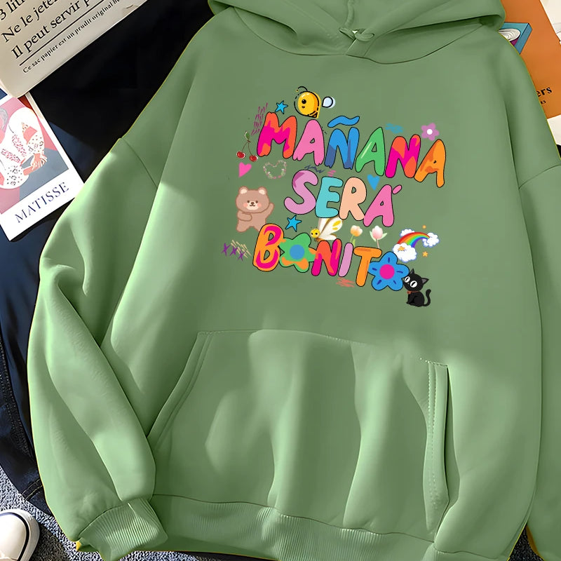 Rainbow Letter Print Women Sweatshirt Soft Warm Casual Female Hoodies Autumn Loose Fleece Tops for Girls Green