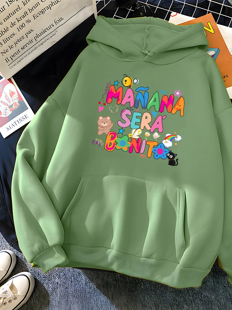 Rainbow Letter Print Women Sweatshirt Soft Warm Casual Female Hoodies Autumn Loose Fleece Tops for Girls Green