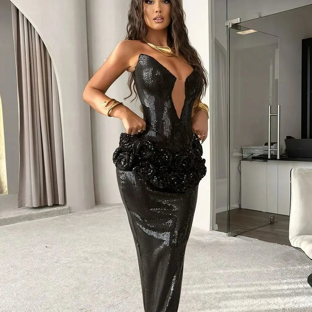 Luxury Haute Couture Sexy V-Neck Black Shining Sequins Floor Length Dress Woman Birthday Party Dress Red Carpet Goddess Vestido