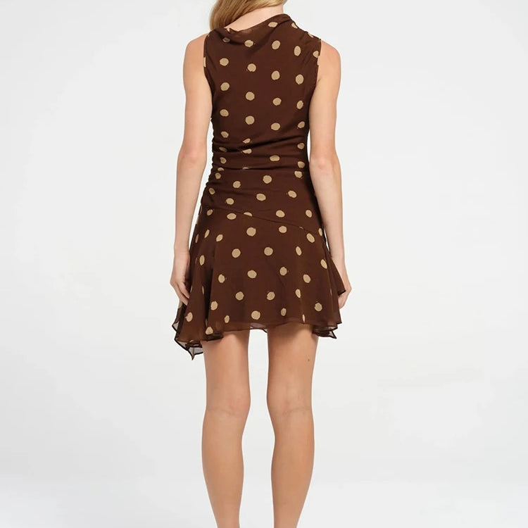 Sleeveless Polka Dot Dress For Woman Fashion Brown Print Mesh O Neck Ruched Mini Dress Elegant Irregular Dresses