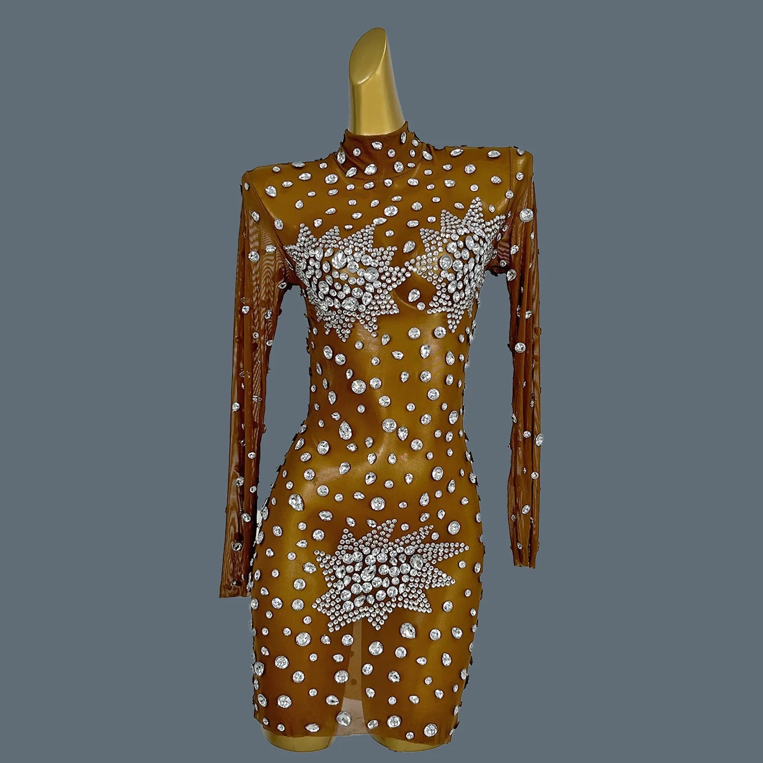 Women Sexy White Crystals Mini Dress Luxury Birthday Celebrate Evening Party Rhinestones Gown Singer Stretch Costume Guibin Brown