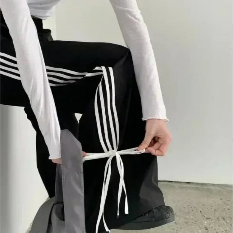 HOUZHOU Black Stripe Women's Sport Sweatpants Wide Oversized Harajuku Casual Joggers Parachute Pants Spring Korean Fashion 2024