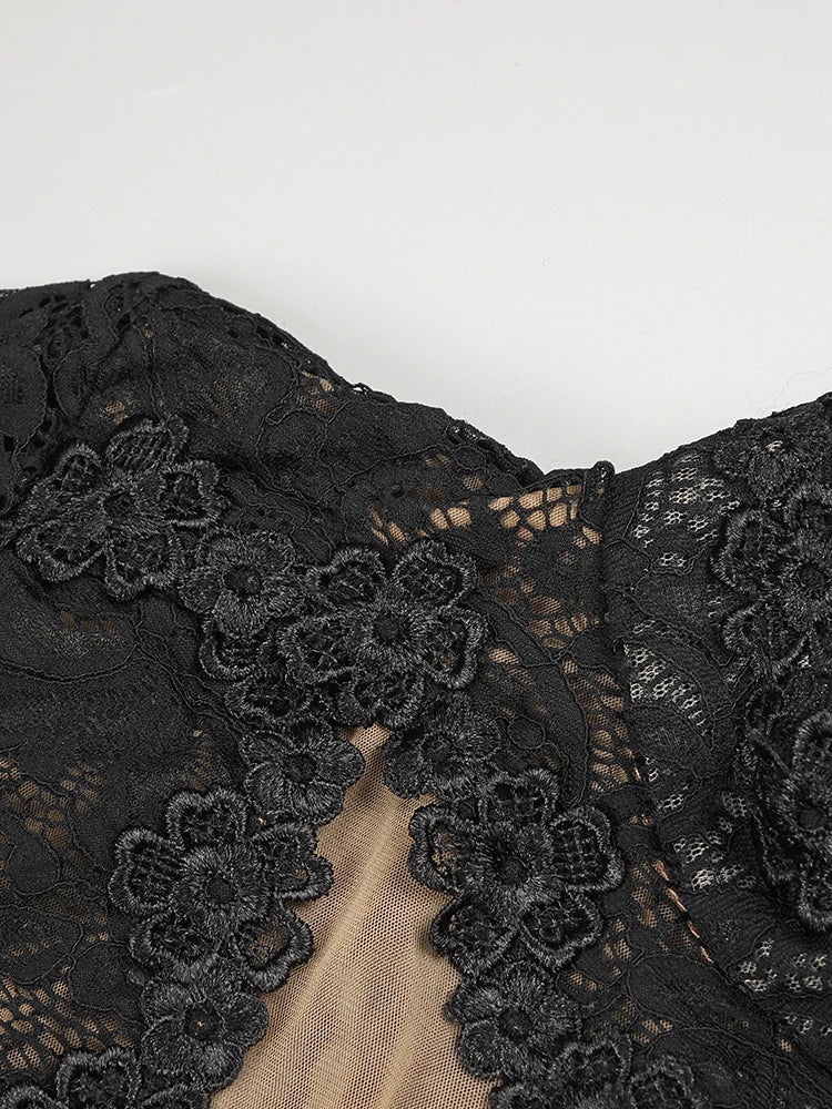 Lace Accent Maxi Dress High Neckline Cut-out Tulle Fabric Long Sleeves Floor Length Cocktail Party Evening Gowns