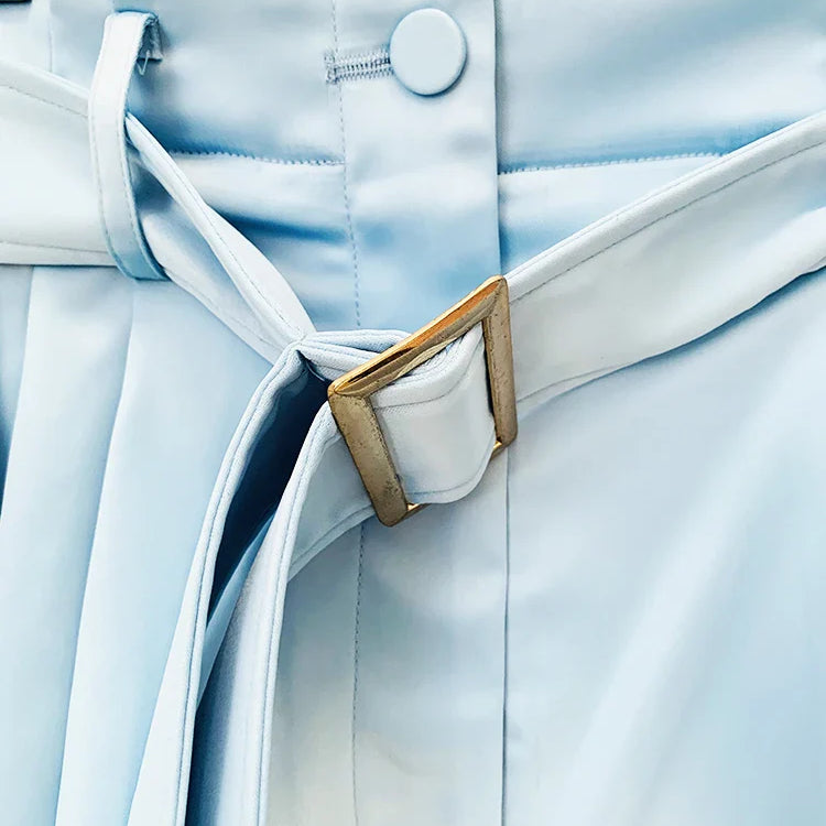 HIGH STREET Newest Fashion Designer Runway Suit Set Women's Satin Crop Blazer Jacket Belted Shorts Set 2pcs