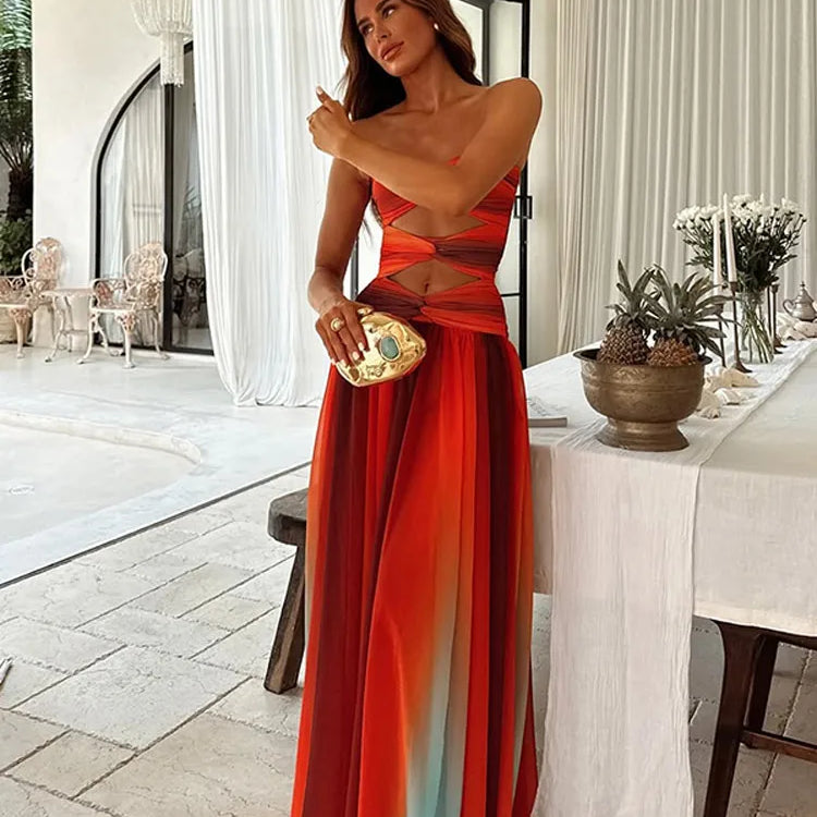 Tie-dye Gradient Hollow Out Women's Maxi Dress Elegant Off Shoulder A-line Hem Long Dresses New Summer 2025 Holiday Female Robes Beige