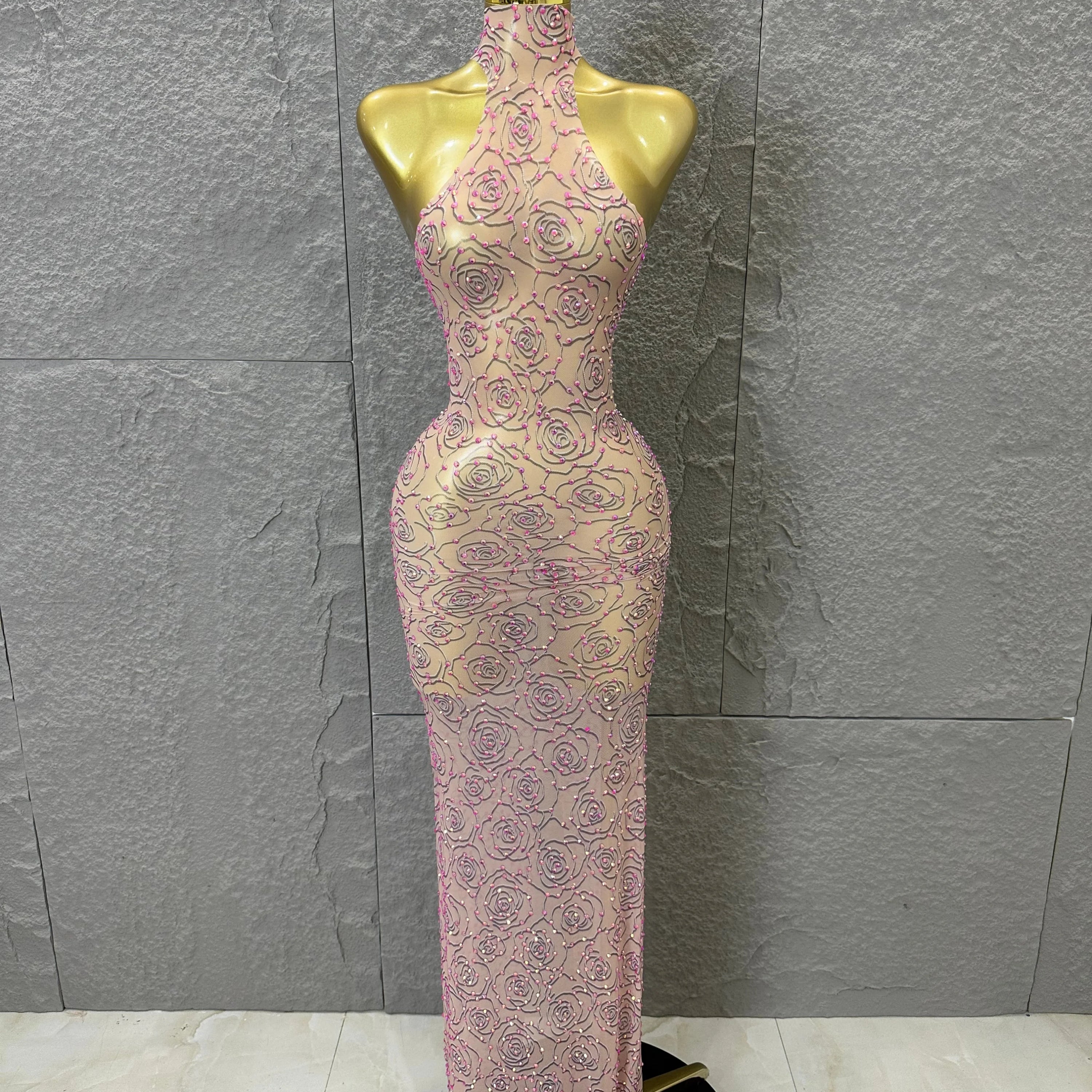 Sexy Glamorous Nude Halter Neck Maxi Dress Sheer Mesh 3D Rose Beaded Embellished Bodycon Nightclub Party Outfit Pink
