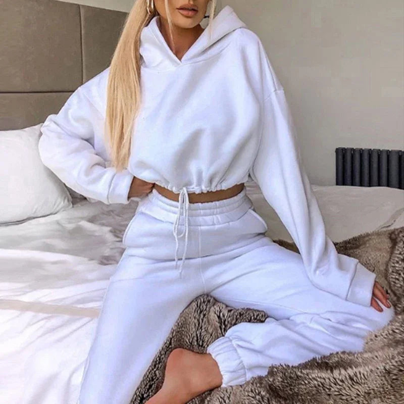 Autumn Winter Women Sweatshirt Set Solid Color Casual Simple Hooded 2 Piece Outfit Set Fashion Gym Jogging Woman Pant Sets White