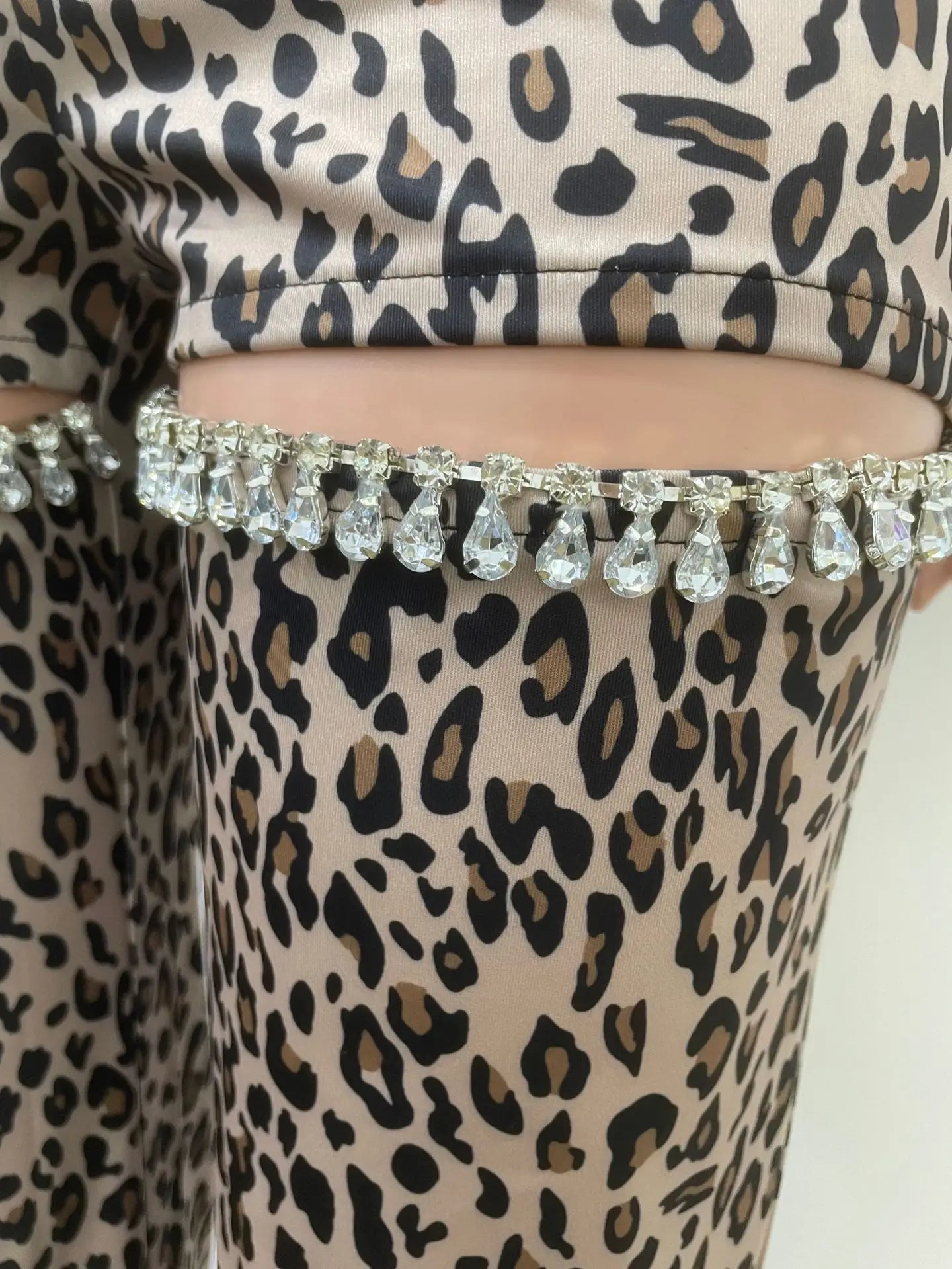 Women Cutout Diamonds Crystal Hollow Out Straight Pants 2024 Fall Winter Leopard Print High Waist Wide Leg Trousers