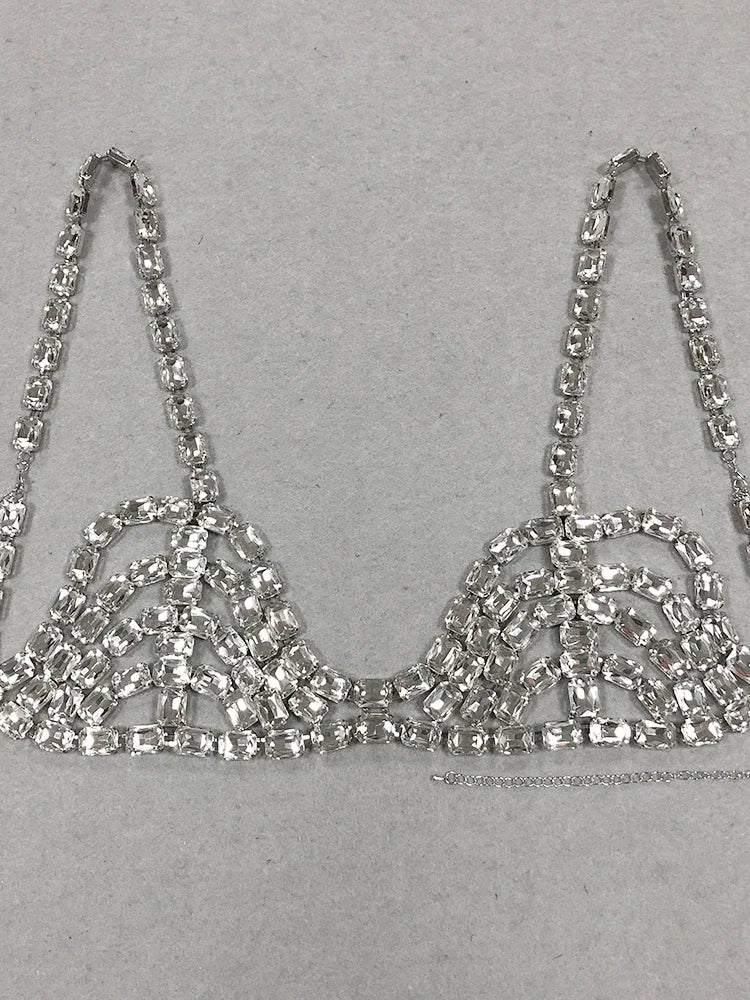 Sexy Shiny Diamond Chain Top Women Spaghetti Strap Luxury Crystal Rhinestone Bra Evening Party Runway Crop Top Streetwear Silver