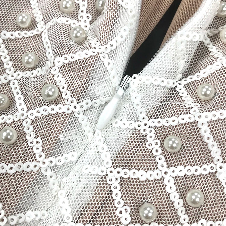 Pearl Sequins Hollow Out Short Dress For Women Sexy Long Sleeve Key Hole Bow Tie Diamond Beige Mini Evening Party Dress