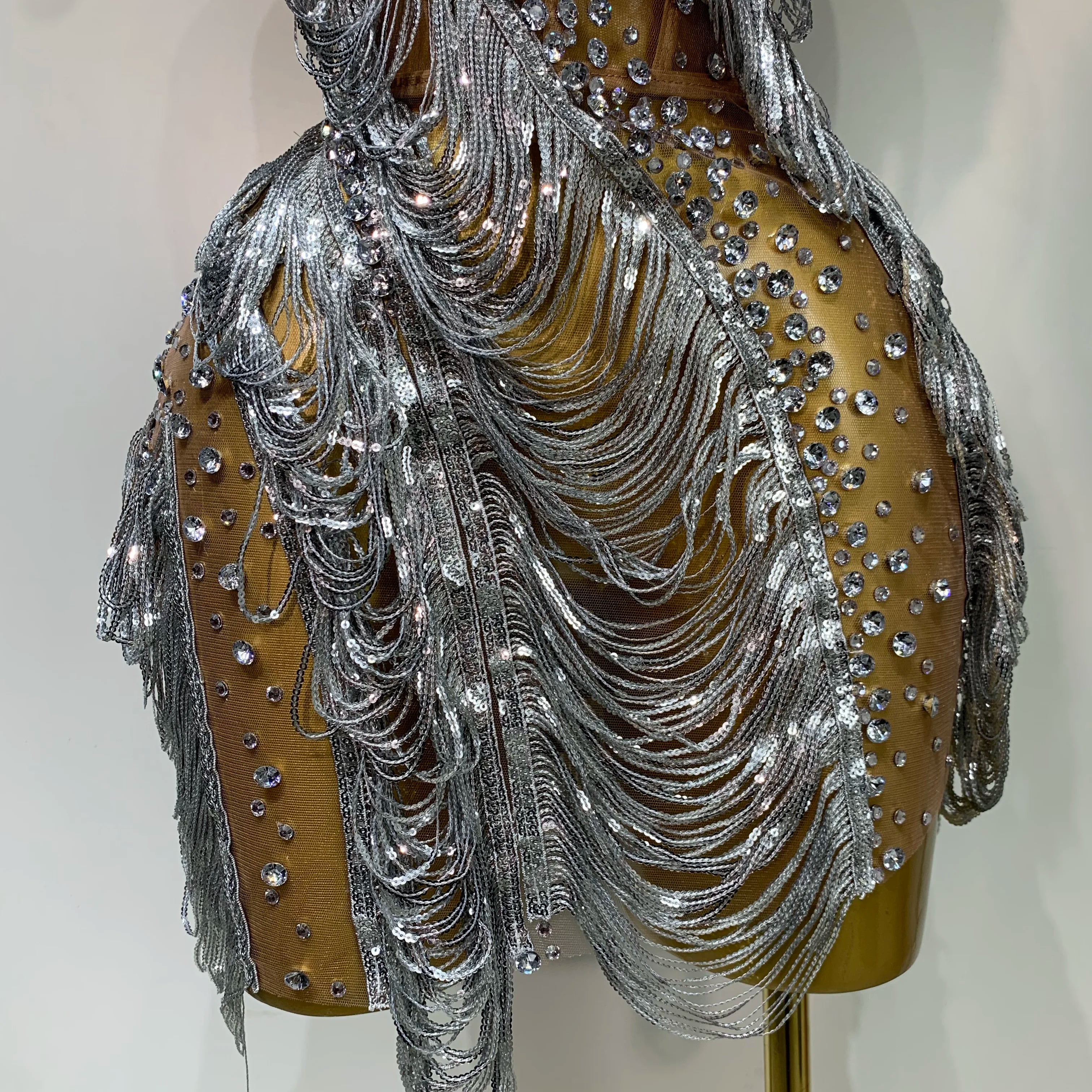 Sparkly Rhinestone Tassel Mesh Dress Nightclub Dance Stage Performance Costume Evening Party One shoulder Nigtclub Mini Dress