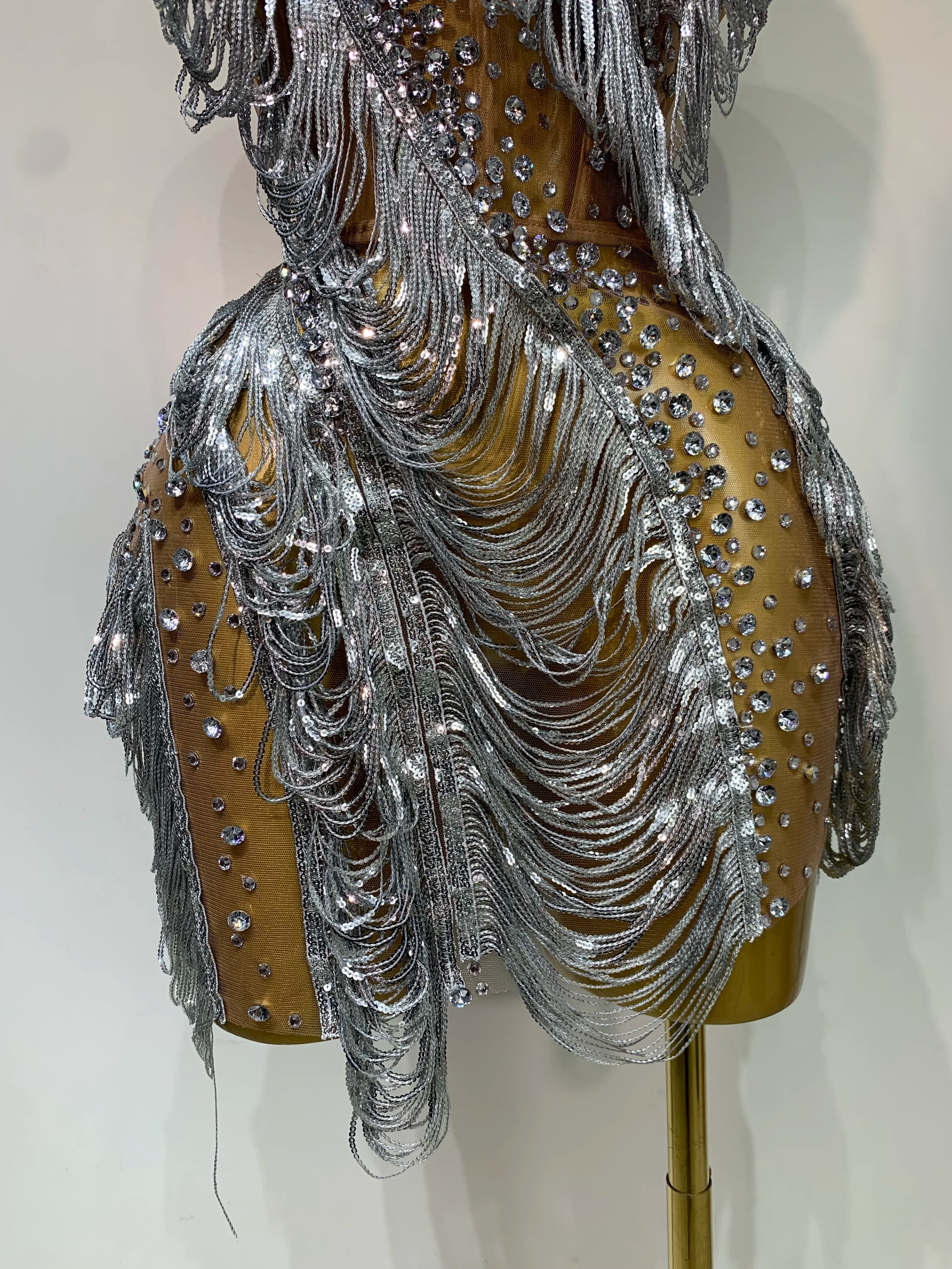 Sparkly Rhinestone Tassel Mesh Dress Nightclub Dance Stage Performance Costume Evening Party One shoulder Nigtclub Mini Dress