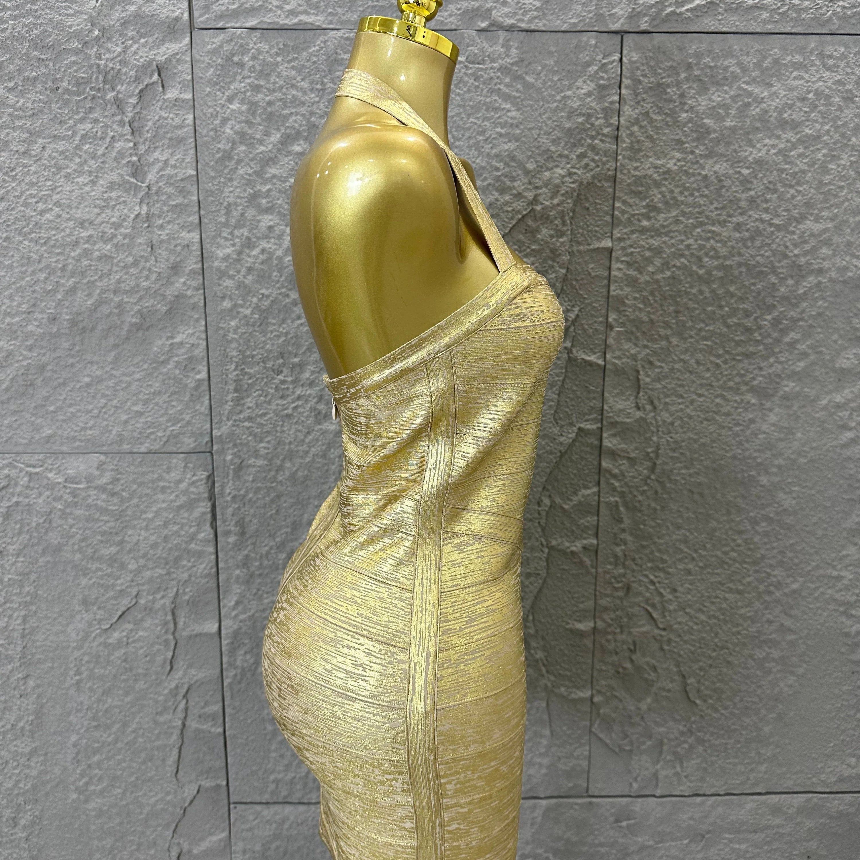 Elegant Gold Metallic Bandage Mini Dress Women Halter Neck Sweetheart Bodycon Formal Event Cocktail Party Costume