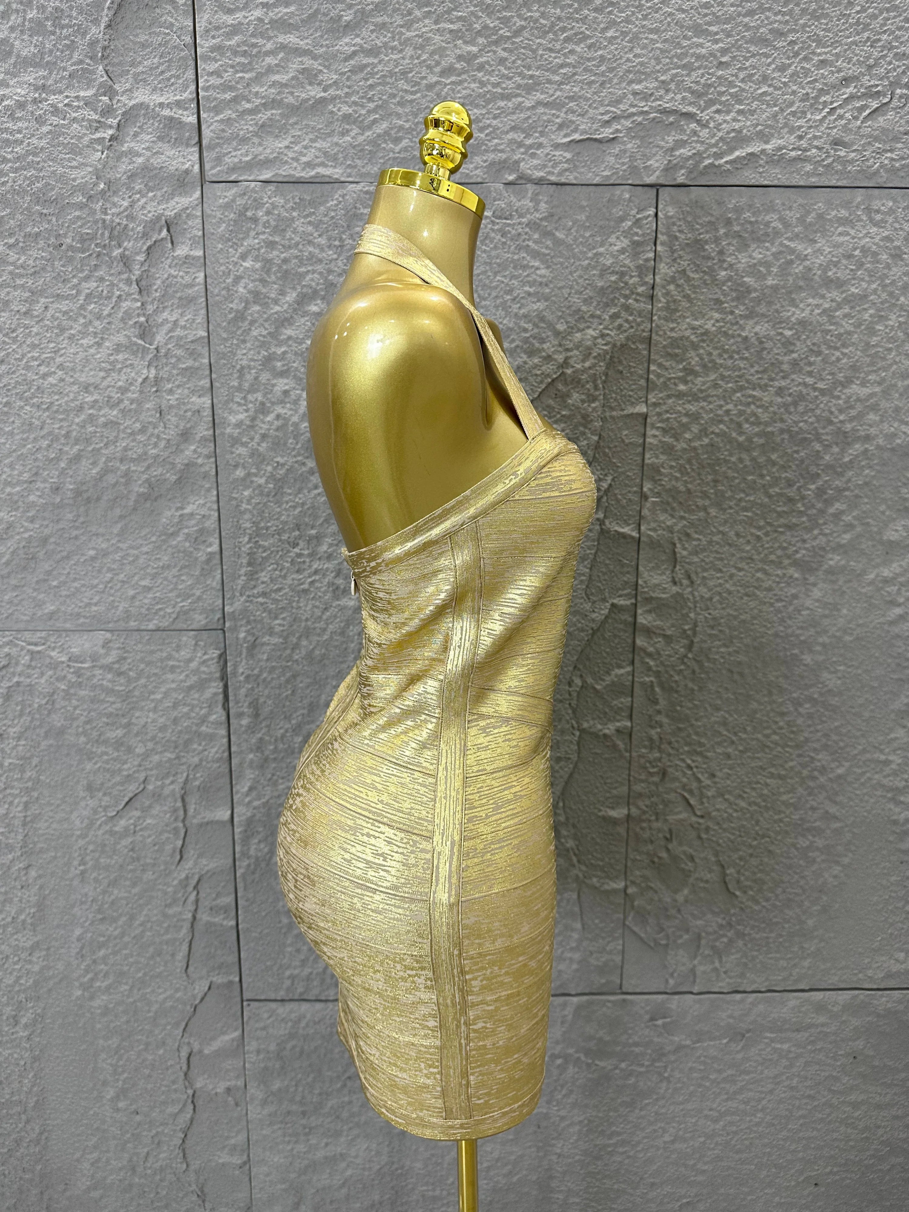 Elegant Gold Metallic Bandage Mini Dress Women Halter Neck Sweetheart Bodycon Formal Event Cocktail Party Costume