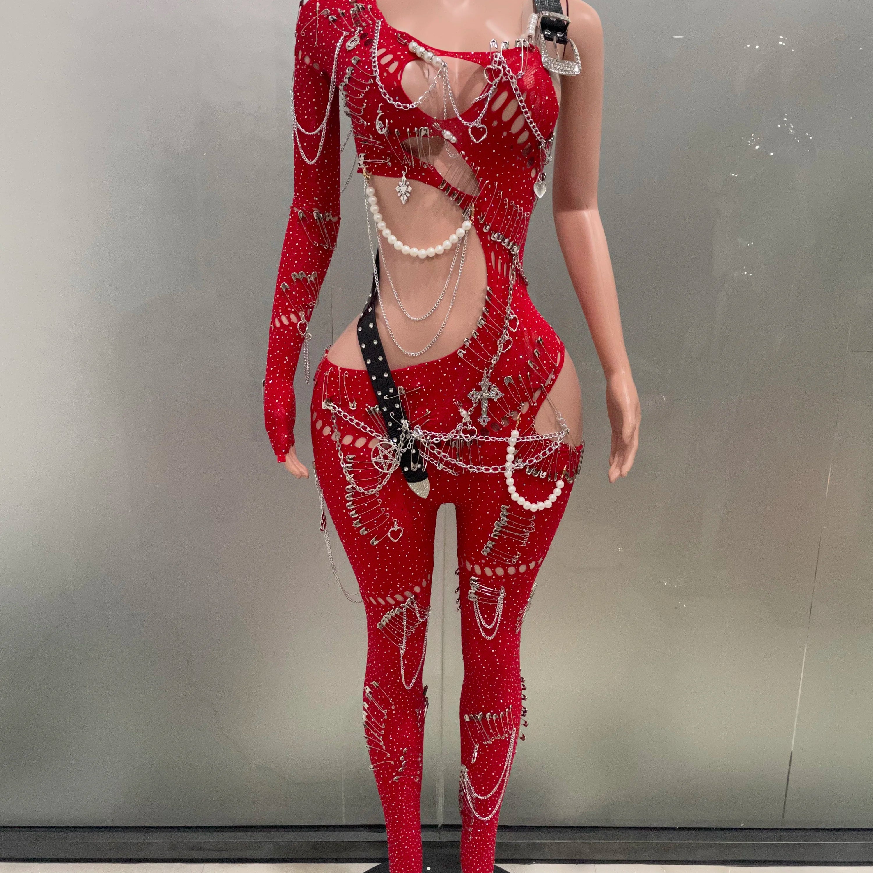Sexy Shining Pearl Chain One Shoulder Hollow Out Jumpsuit 2025 New Women Birthday Party Nightclub Singer Performance Stage Wear Red