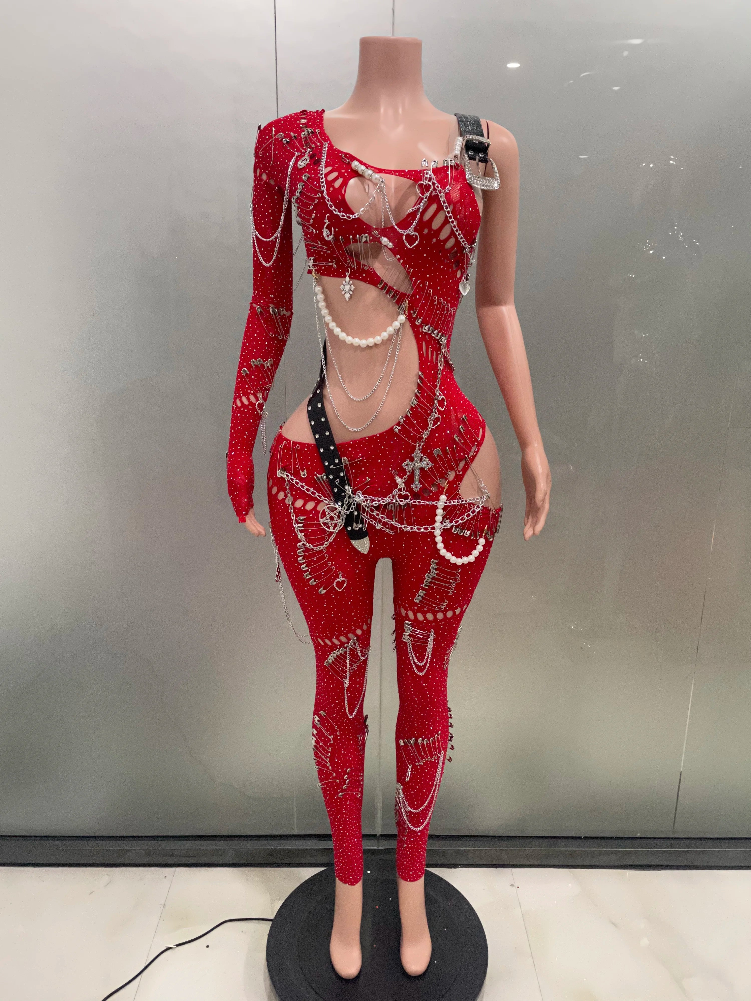 Sexy Shining Pearl Chain One Shoulder Hollow Out Jumpsuit 2025 New Women Birthday Party Nightclub Singer Performance Stage Wear Red