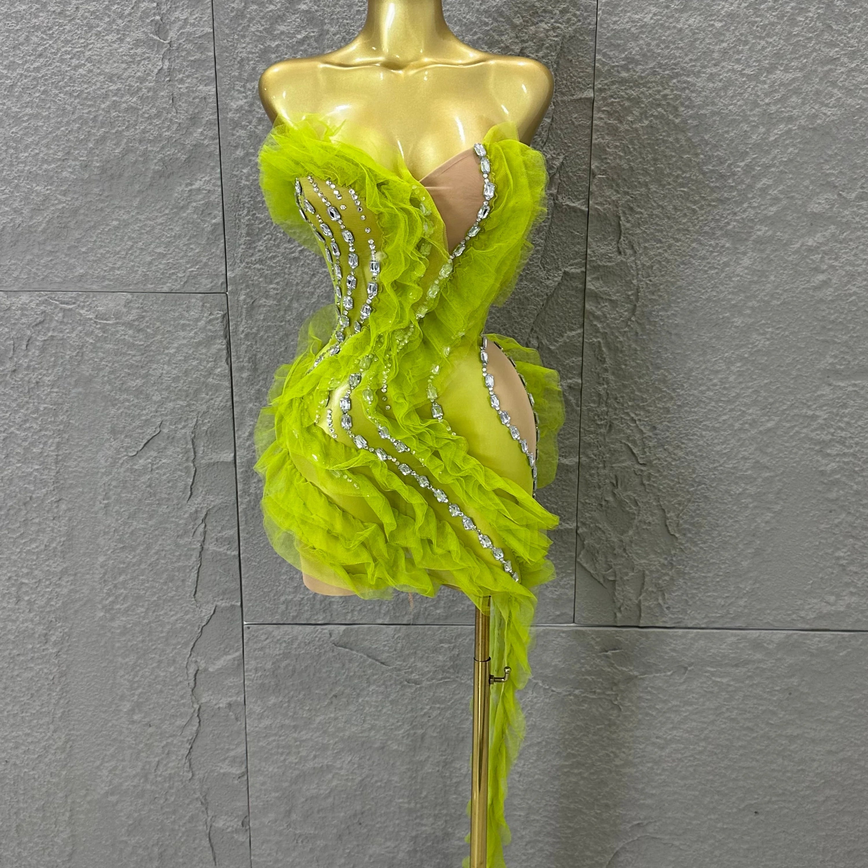 Luxury Green Sheer Mesh Ruffle Dress Neck Crystal Rhinestone Trim Cut Out Slim Fit Evening Wedding Guest Cocktail Party Dress green