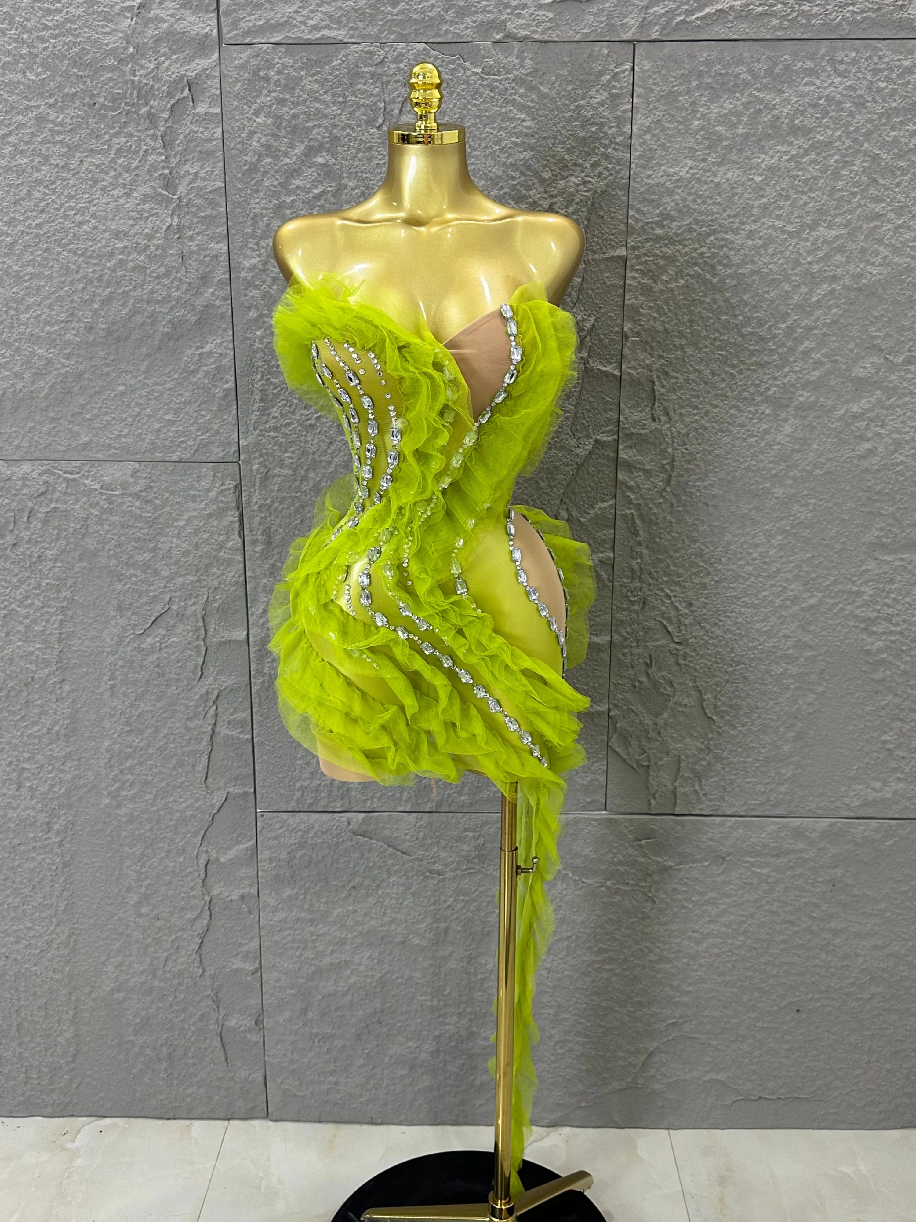 Luxury Green Sheer Mesh Ruffle Dress Neck Crystal Rhinestone Trim Cut Out Slim Fit Evening Wedding Guest Cocktail Party Dress green