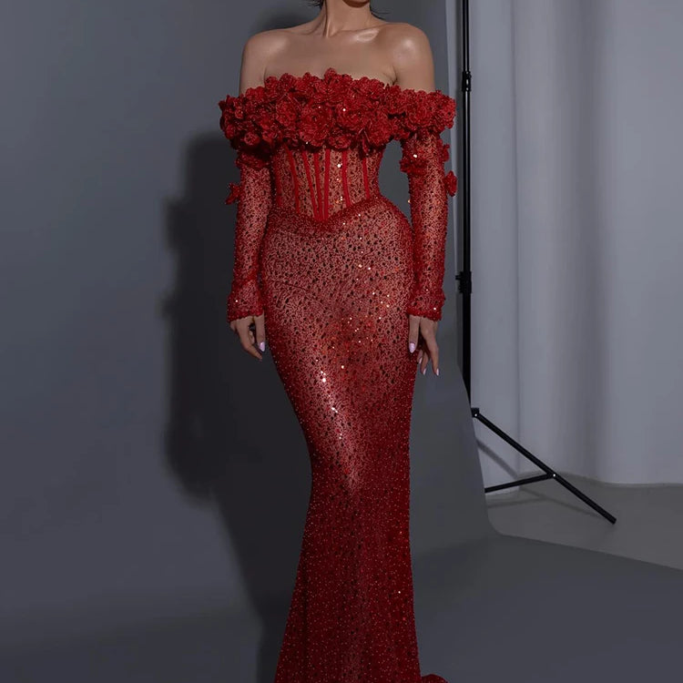 Red Structured Flower Boned Bodice Christmas Long Dress For Women Long Sleeves Sequins Mermaid Party Evening Gown