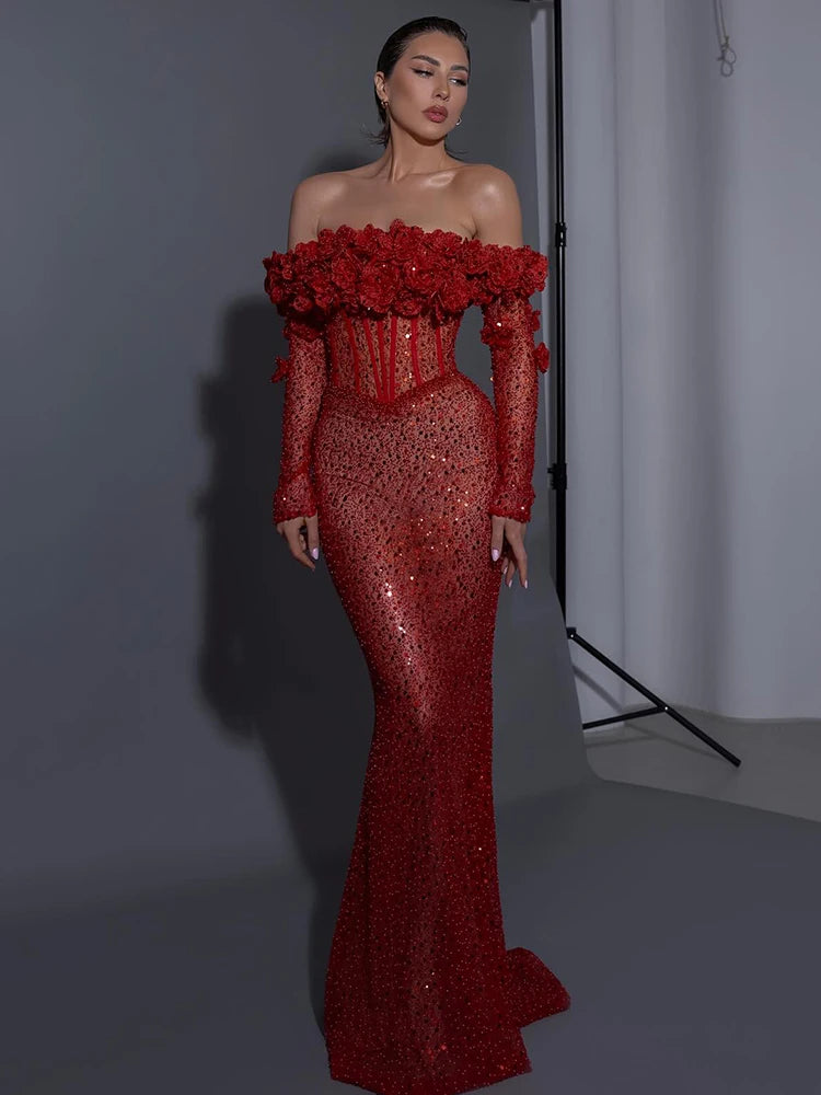 Red Structured Flower Boned Bodice Christmas Long Dress For Women Long Sleeves Sequins Mermaid Party Evening Gown