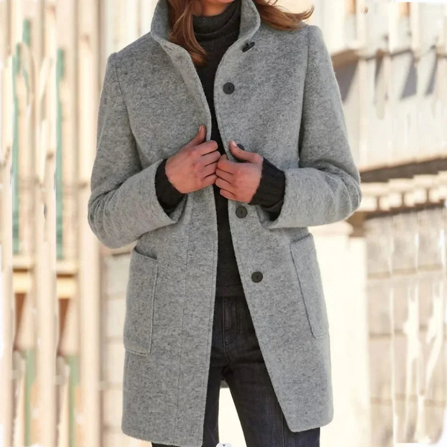 Vintage Women Overcoat Solid Button Stand Collar Woolen Coat Female Autumn Winter Fashion Long Casual Thick Ladies Jacket Light Grey