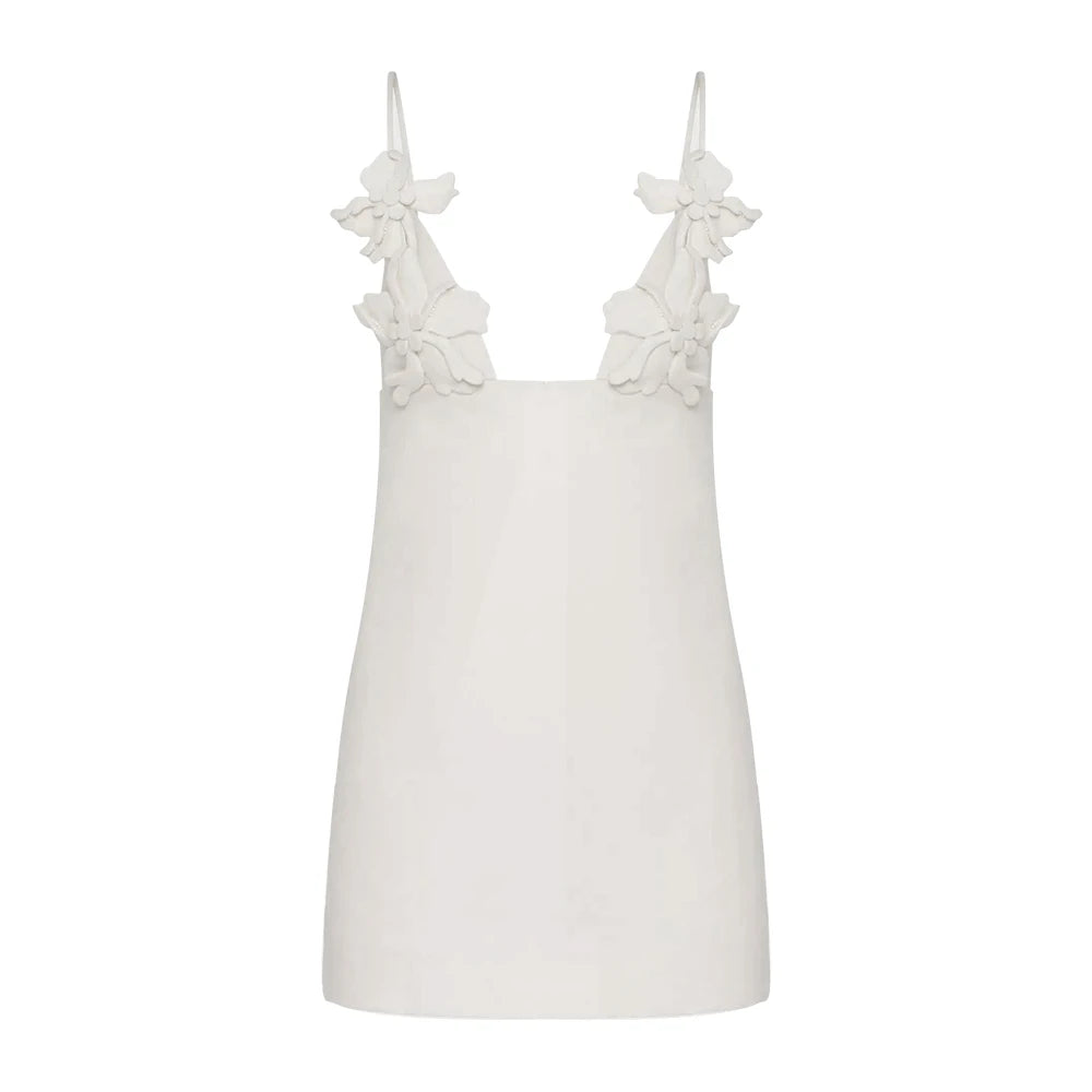 Solid Patchwork Appliques Camisole Dresses For Women Square Collar Sleeveless Backless High Waist Mini Dress White