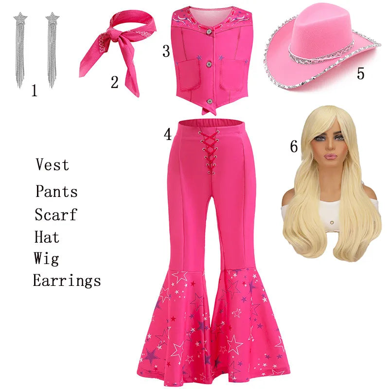Toddler Girls Cowboy Pink Vest Pants Scarf 3 Pcs Clothing Set Margot Movie Role Play Costume Barbi Cowgirl Youth Outfit Cosplay black