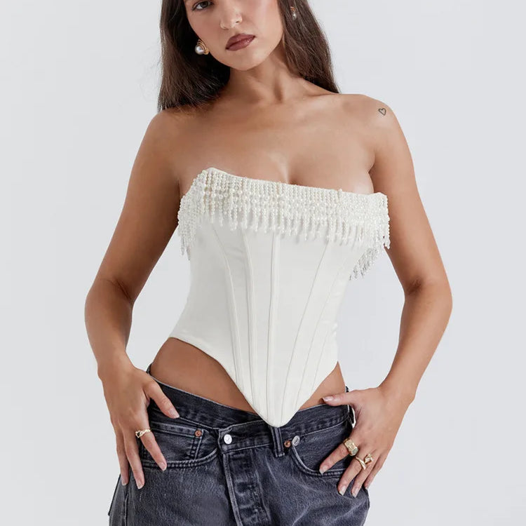 Pearl Tassel Sexy Crop Tops Women Off-shoulder Backless Skinny Corset Tops Femme Satin Fashion Club Party Tops Mujer