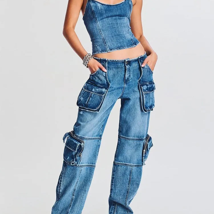 Denim Vintage Two Piece Sets For Women Strapless Sleeveless Tops High Waist Spliced Pockets Pant Casual Set Female