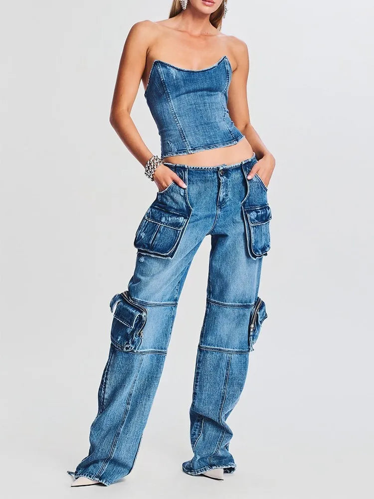 Denim Vintage Two Piece Sets For Women Strapless Sleeveless Tops High Waist Spliced Pockets Pant Casual Set Female
