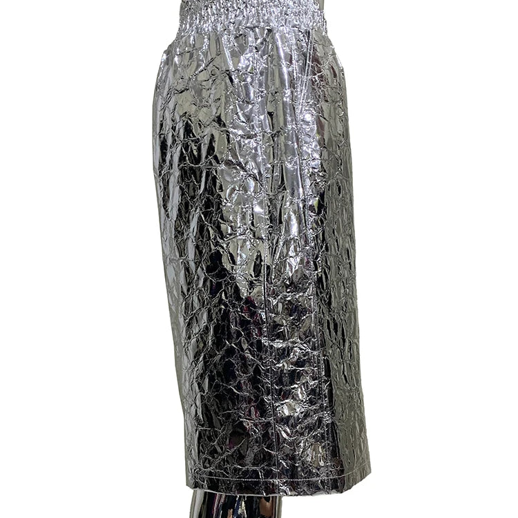 Lautaro Summer Autumn Shiny Silver Faux Leather Shorts for Men with High Elastic Waist Y2K Streetwear Emo European Clothes 2025