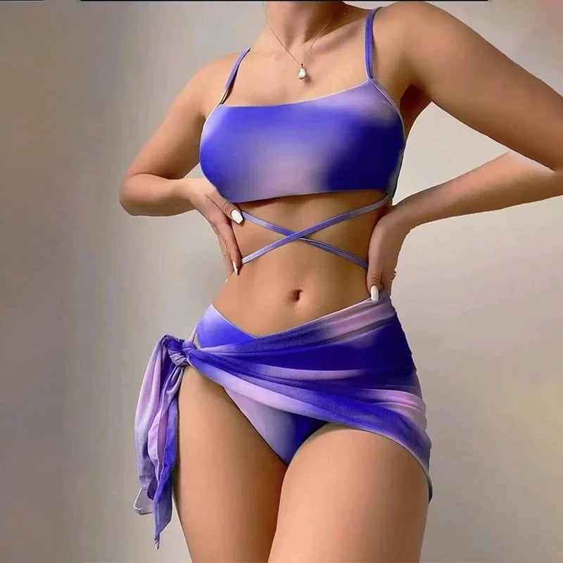 Sexy Womens 3 Pieces Bikini Set Tie Dye Swimsuit Beachwear Summer Fashion Push Up Comfortable Mesh Skirt Suit for Ladies