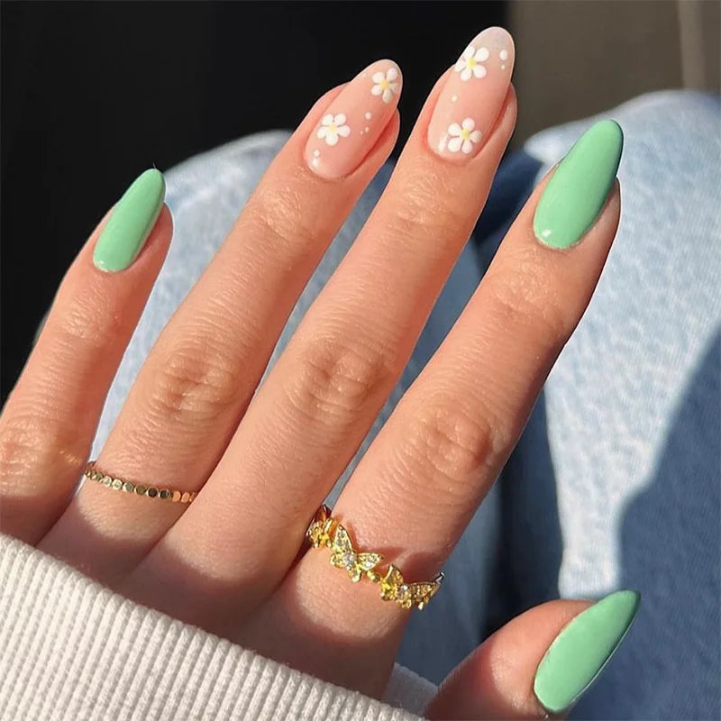 24Pcs Almond Green Press on Fake Nails with Glue Simple Oval Manicure Set Short Flowers Design False Nails Full Cover Nail Tips 322