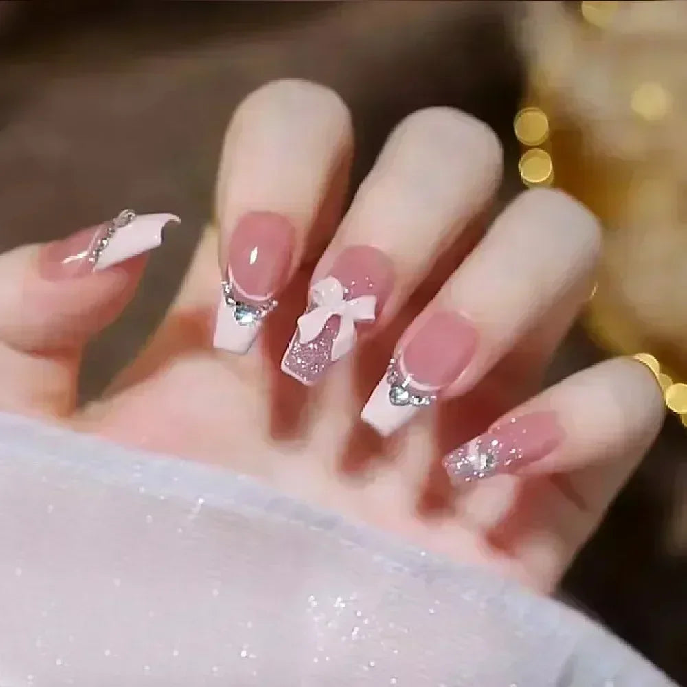 24Pcs False Nails French Gradient Ballet Fake Nails Press on Nails Black Heart Rhinestone Design Glitter Full Cover Nail Tips 23