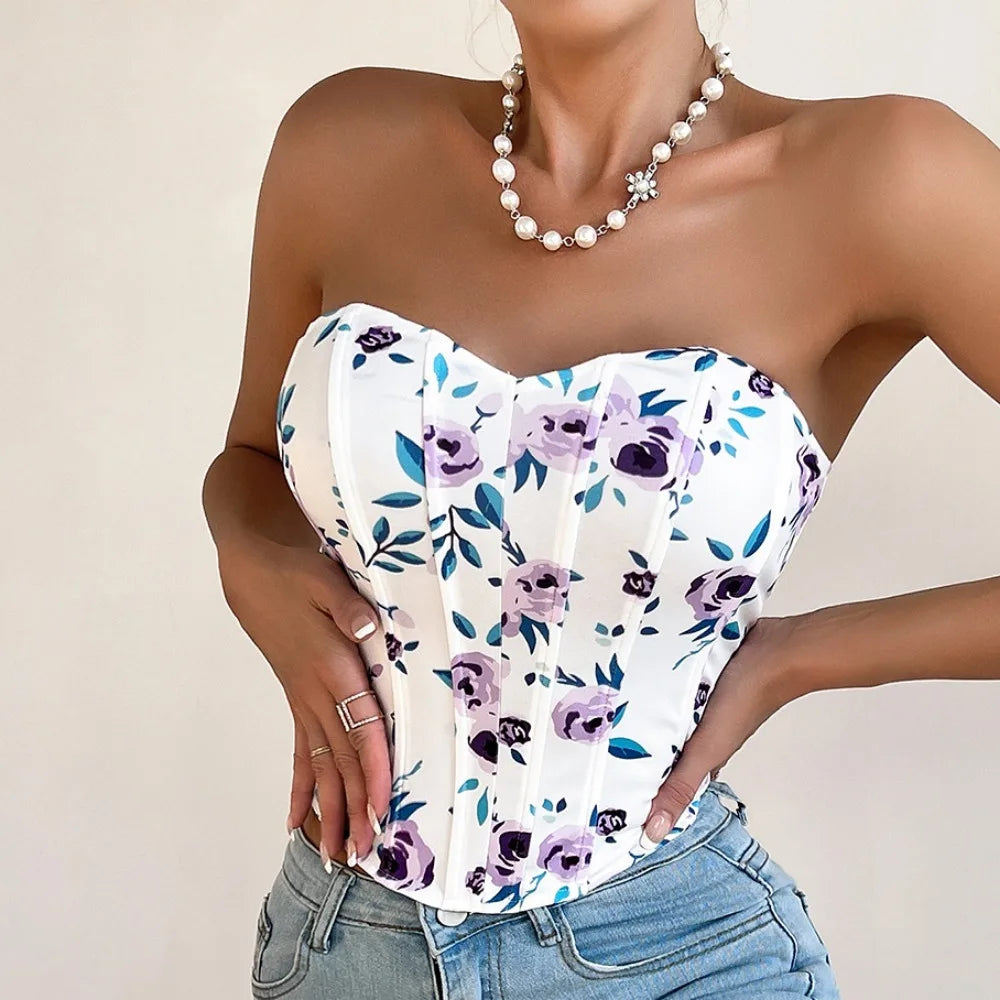 Women's Sexy Blended Camis Hot Sweet Print Solid Chest Wrap Elegant Irregulariity Floral Crop Top Holiday Single Breasted Tunics