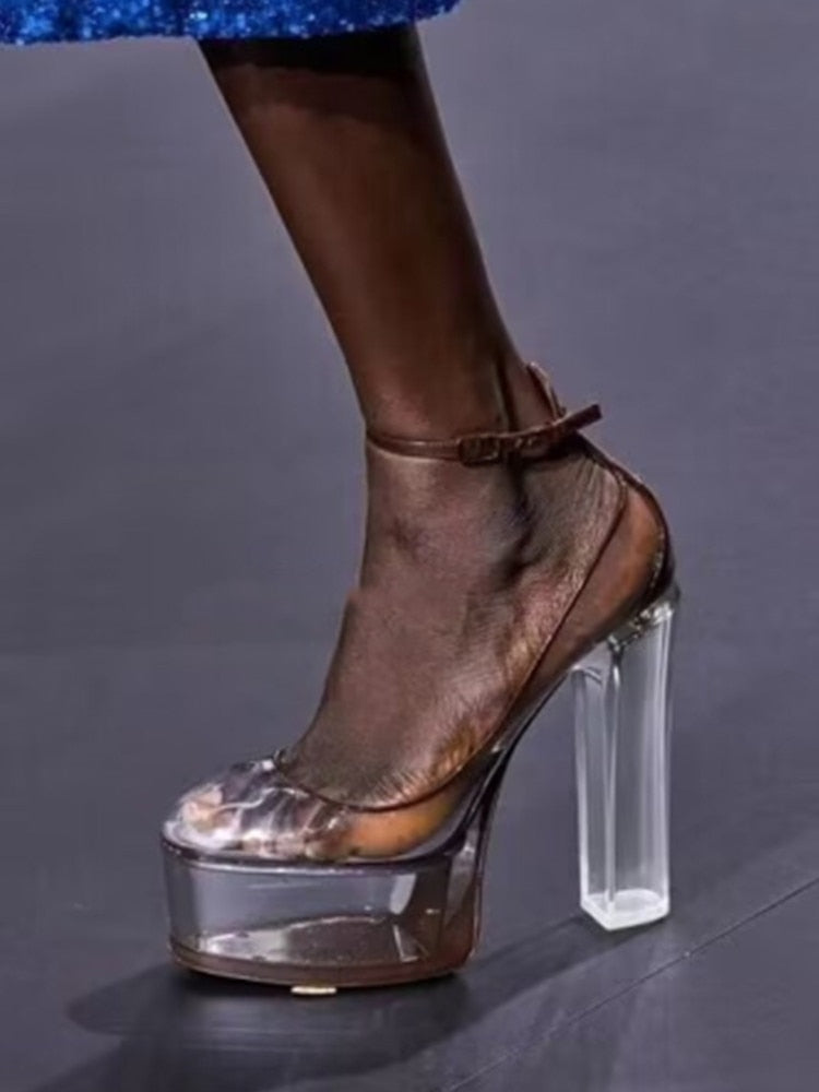 Summer New Fashion Thick Sole High Heel Leather Shoes Super High Heel Bridal Shoes Wedding Party Shoes brown